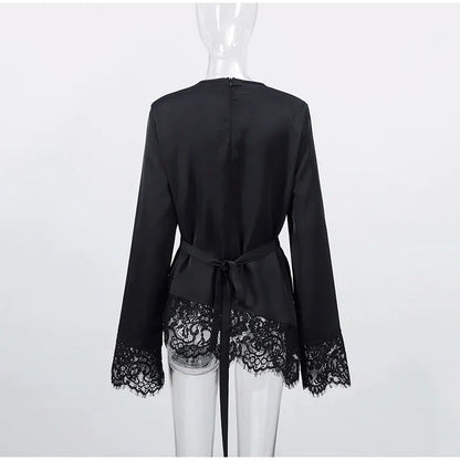 Women's Satin Blouse With Lace Trim Fashion O-neck Long Sleeve Lace Up Waist Irregular Tops 2026 Spring New Chic Lady Streetwear