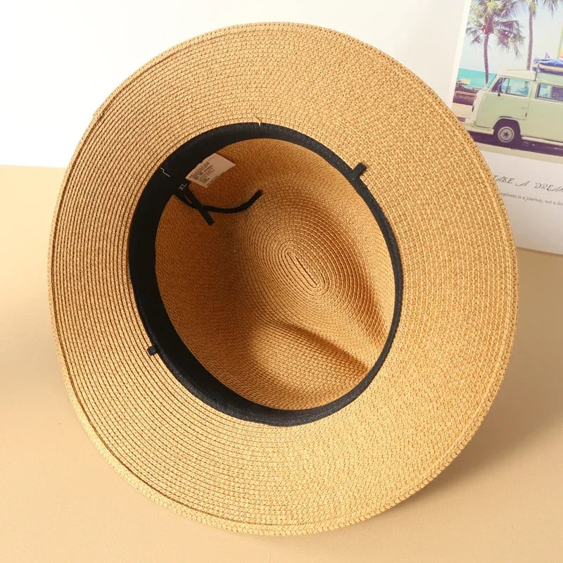 Big Size XL 63cm Travel Panama Jazz Straw Hat Summer Sun Hats for Women Men Wedding  Wide Brim Fedora Straw Beach Hat UV UPF 50+