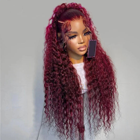 34 Inch Burgundy 13x4 Hd Lace Frontal Human Hair Wig Deep Wave Curly Wigs For Women Water Wave Colored 99j Red Lace Front Wig