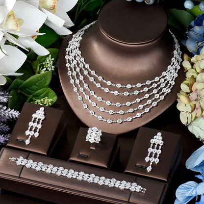Elegant Five Layers Long Tassel Cubic Zirconia Ladies Costume Jewelry Sets Dangle Drop Earrings Pendant Necklace N-283