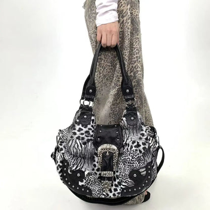 Y2K street personality spicy girl leopard print patchwork tote bag with multiple pockets and rivets retro crossbody handbag