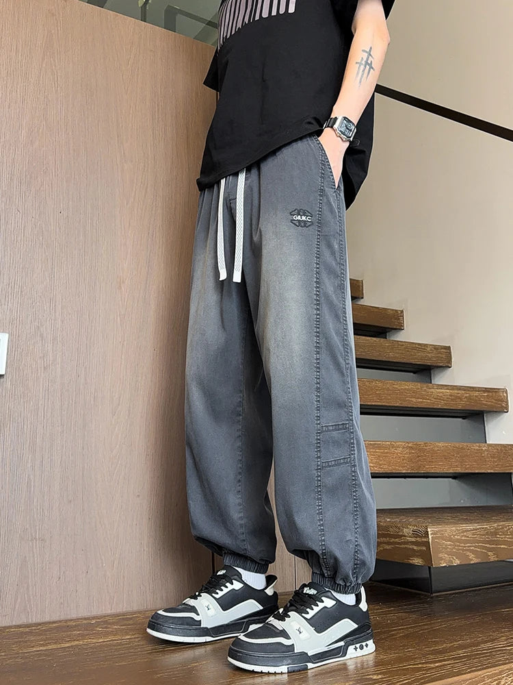 Lyocell Washed Men’s Jeans Lightweight Harem Joggers With Elastic Waist 4 Colors Baggy Denim Pants Asian Size L-6XL