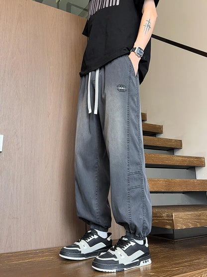 Lyocell Washed Men’s Jeans Lightweight Harem Joggers With Elastic Waist 4 Colors Baggy Denim Pants Asian Size L-6XL