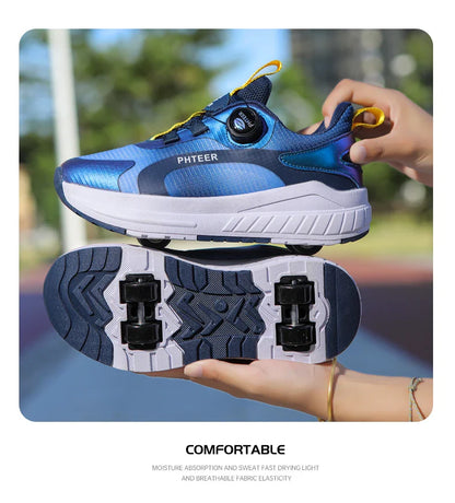 Kids Two Wheels Roller Skating Shoes With Light Magic Stick Walking Shoes Detachable Wheels Roller Skate Shoes For Teenagers