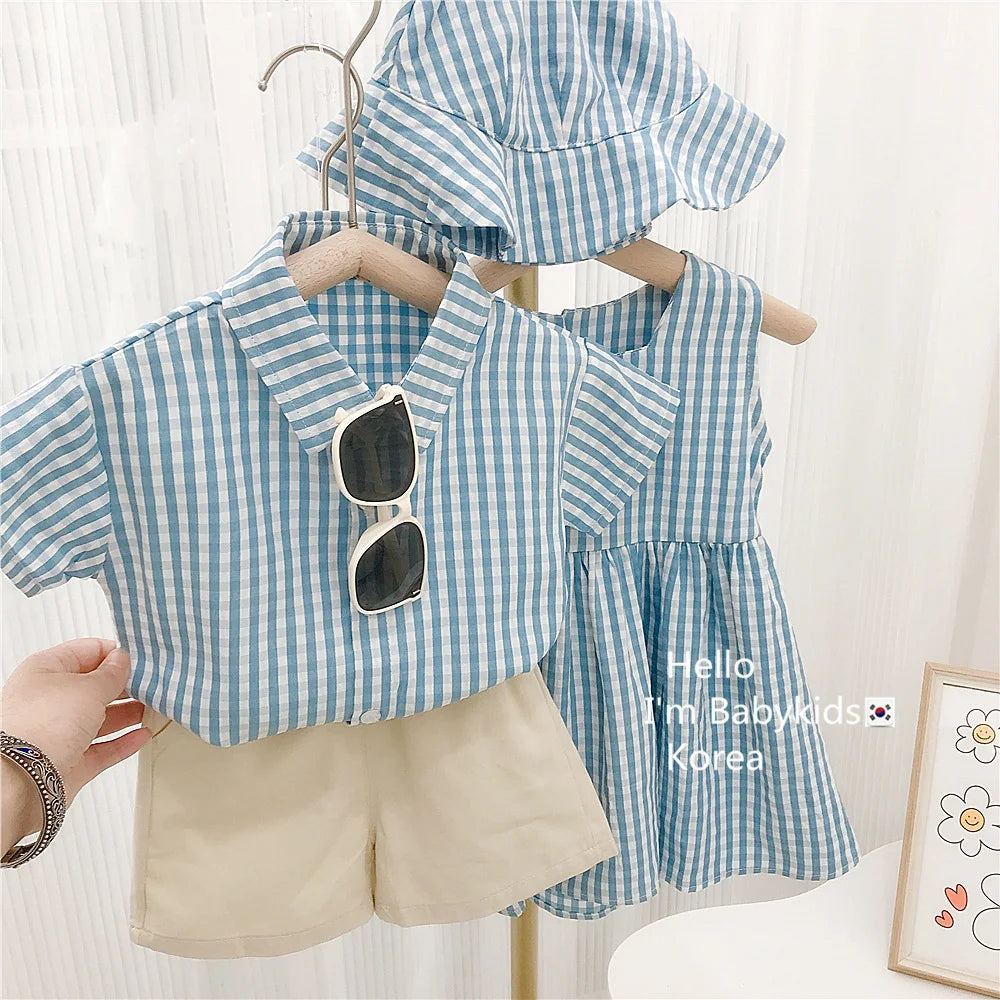 RAISE 2026 Summer Toddler Sibling Attire Fisherman's Hat Plaid Baby Girl Sundress Suits T-shirt Solid Shorts Infant Boy Outfits