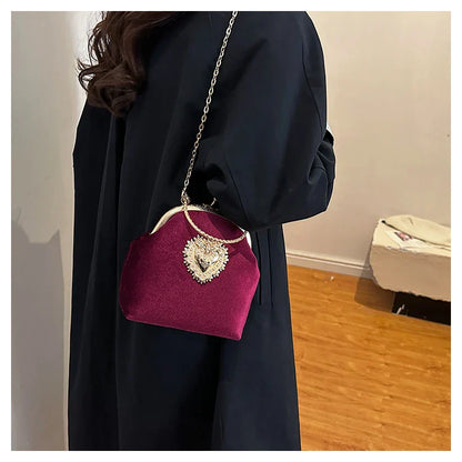 Velvet Frame Heart Dinner Hand Bags Diamonds Chains High Quality Shoulder and Crossbody Bags for Women 2024 Fashion Hot Sale