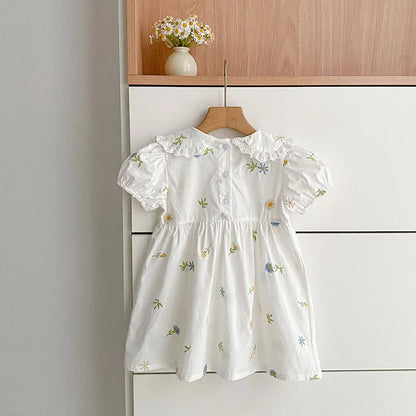 2026 Girls Dress Korean Edition Summer New 2-6Yrs Cotton Embroidered Flower Short Sleeve Girls' Dress Cute Dress