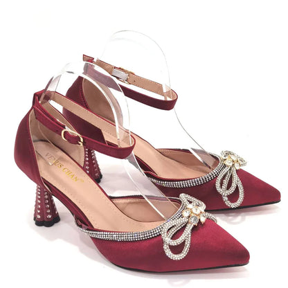 Ladies Pointed-Toe Party High Heels Magenta Colour Bow Rhinestone Stereo Bag Evening  African Wedding Shoe And Bag Set