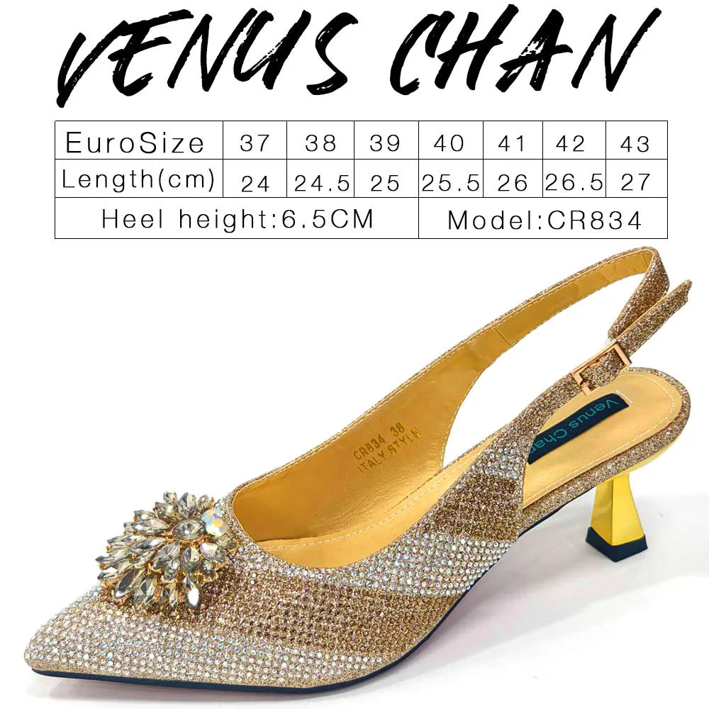 Italian Design Rhinestone Luxury Wine Colour Pointed Toe Shoe & Bag Set Women's High Heels for Parties