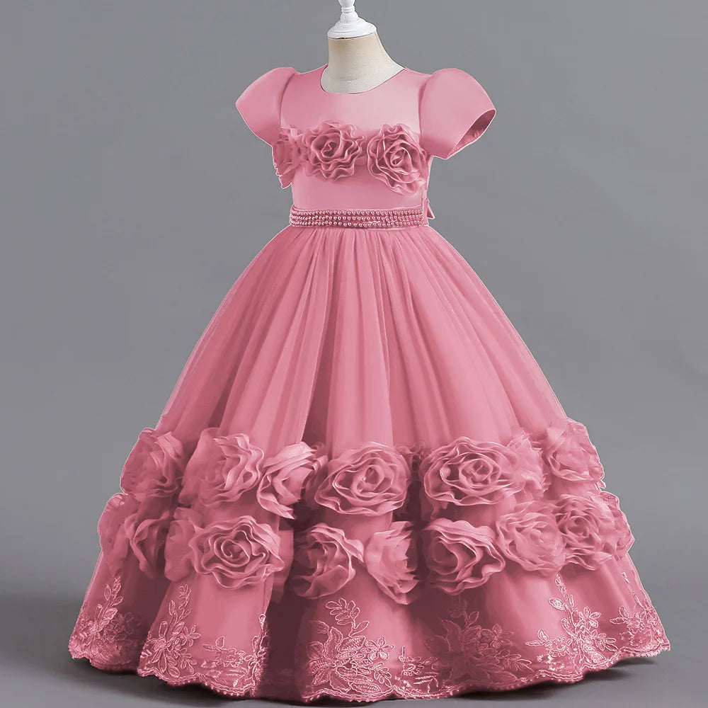 Summer Flower Bridemaids Party Girl Dresses Elegant Wedding Birthday Princess Prom Dress for Girls Bow Evening Christmas Costume