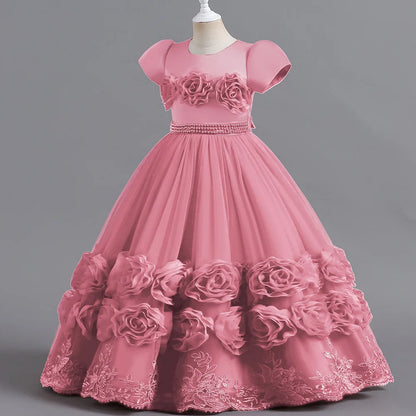 Summer Flower Bridemaids Party Girl Dresses Elegant Wedding Birthday Princess Prom Dress for Girls Bow Evening Christmas Costume