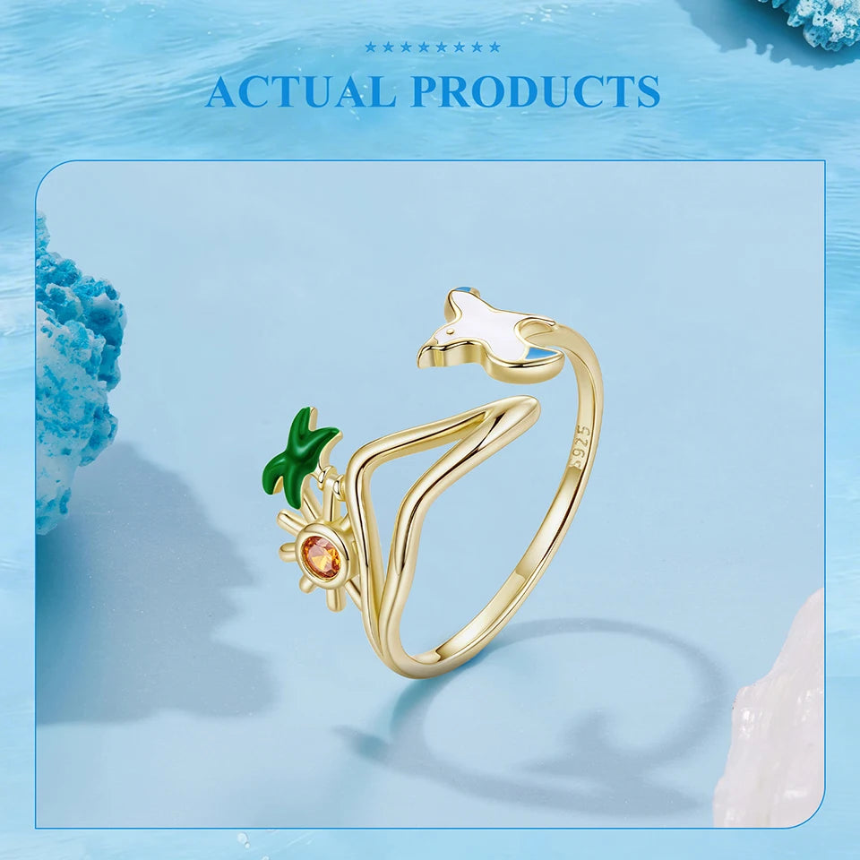 925 Sterling Silver Seagull & Island Open Ring, Adjustable Beach Vacation Rings Boho Style Jewelry with Green Palm