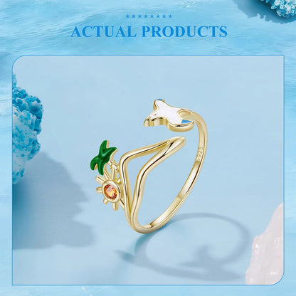 925 Sterling Silver Seagull & Island Open Ring, Adjustable Beach Vacation Rings Boho Style Jewelry with Green Palm