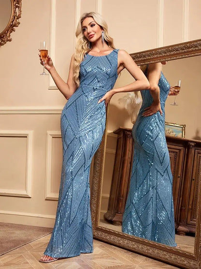 Women Elegant Short Sleeve Mermaid Glittering Sequin Long Prom Dress V With Zipper Back Formal Dress