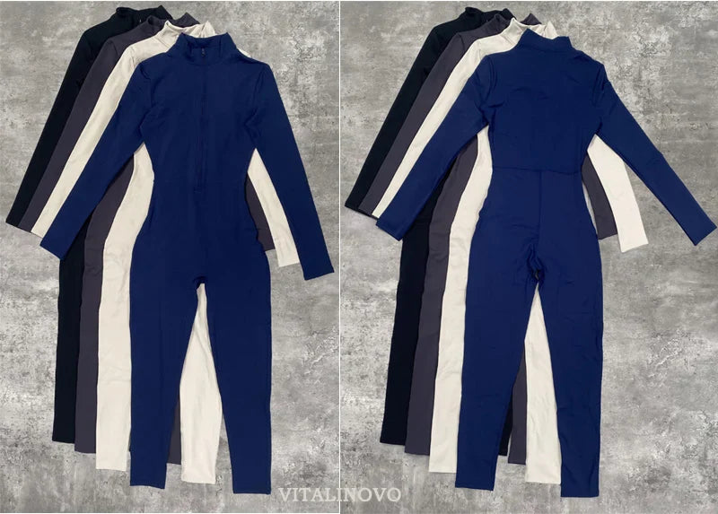 VITALINOVO Women Fleece Lined Workout Jumpsuits Long Sleeve Zip Up Yoga Romper Winter Warm Thermal One Piece Bodycon Bottom Pant
