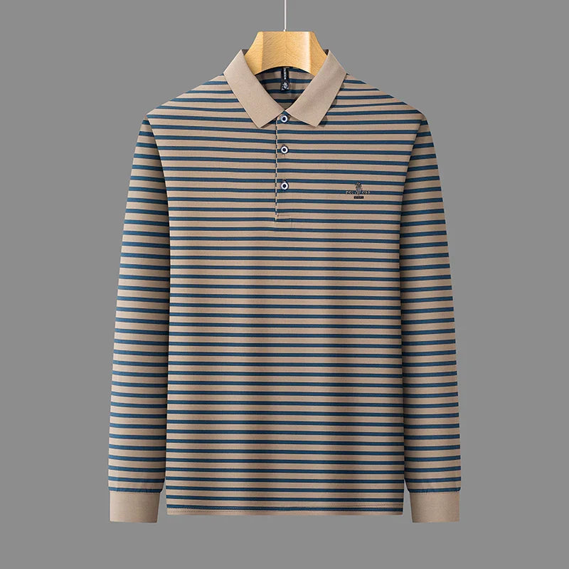 2025 New Lapel Striped T-shirt Men's Long Sleeved Spring and Autumn New Top Casual Polo Shirt Men