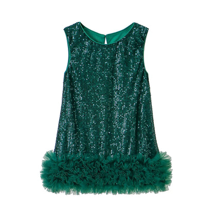 Novo Vestido Infantil Tutu de Malha Brilhante Sem Mangas Princesa para Festas Fantasia de Performance para Crianças