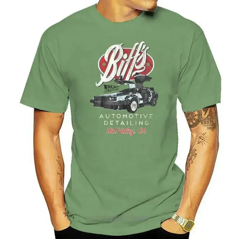 Back To The Future Biffs Automotive Hill Valley Mens T Shirt California Deloreaann Casual Short Sleeve Tee 010814