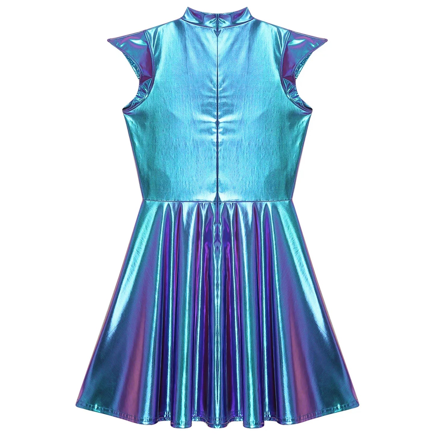 Womens Cocktail Dress Shiny Metallic Dress Alien Space Cap Sleeve High Waist A-line Dress for Halloween Party High Street Dress