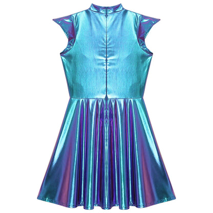 Womens Cocktail Dress Shiny Metallic Dress Alien Space Cap Sleeve High Waist A-line Dress for Halloween Party High Street Dress