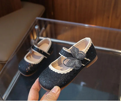 New Girls Princess Shoes Fashion Children's Bow Rhinestone Sequin Kids Shoes Baby Party Student Flat Performance Shoes