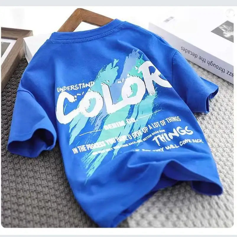 Children's set 2026 new Korean version boys' summer printed letter round neck short sleeved shorts two-piece set 4-12Y