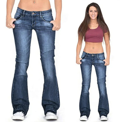 Women's Mid Waist Skinny Jeans Long Wide Leg Denim Pants