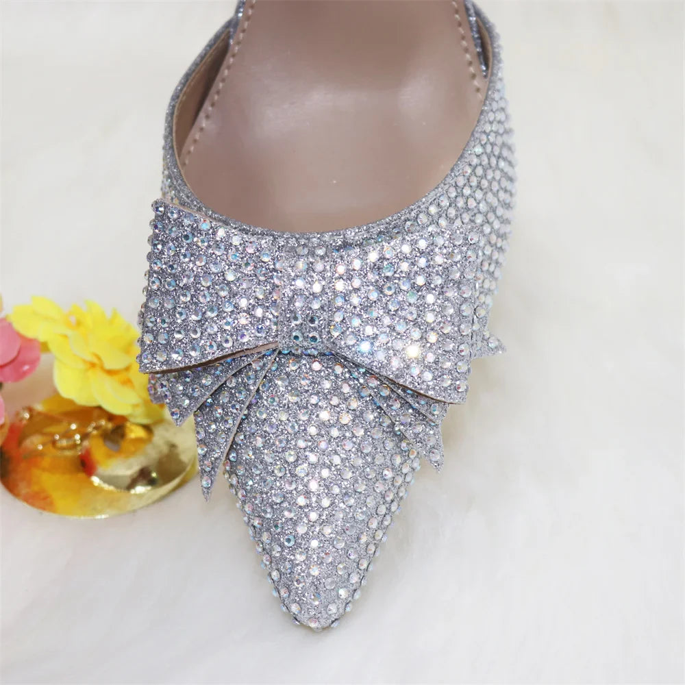 Gold 2024 Heels for Women Pointed Toe With Bows Gold Color Rhinestone  Elegant Party Wedding Shoe and Bag Set