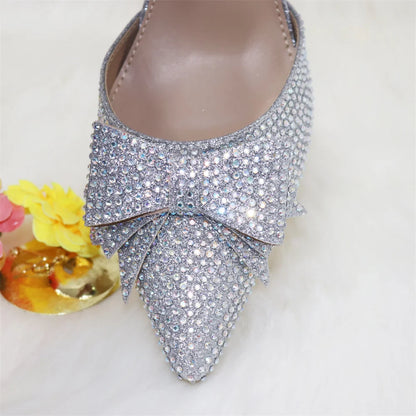Gold 2024 Heels for Women Pointed Toe With Bows Gold Color Rhinestone  Elegant Party Wedding Shoe and Bag Set