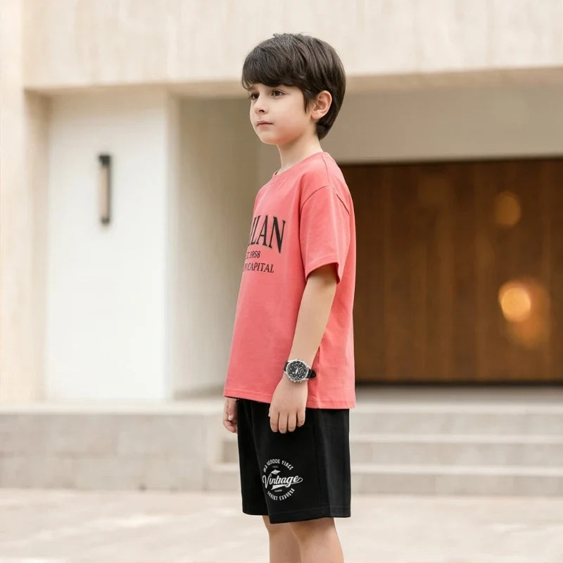Summer Boys Cotton T-Shirt Shorts Set Casual Kids Milan Graphic Print Short Sleeve Suit Children's Outfit 2026 ML1