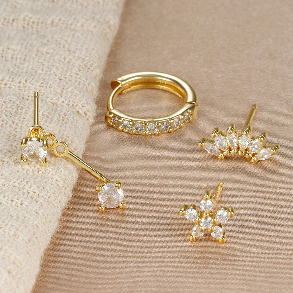 4PCS Stainless Steel Circle Huggie Hoop Earrings Set for Women Gold Color Unique Zircon Flower Stud Earring Piercing Jewelry