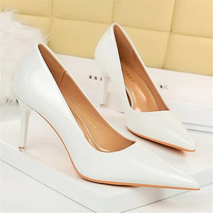 Women 7.5cm 10.5cm High Heels Wedding Bridal Classic Pumps Lady Scarpins Metallic Leather Low Heels Stiletto Nude Office Shoes