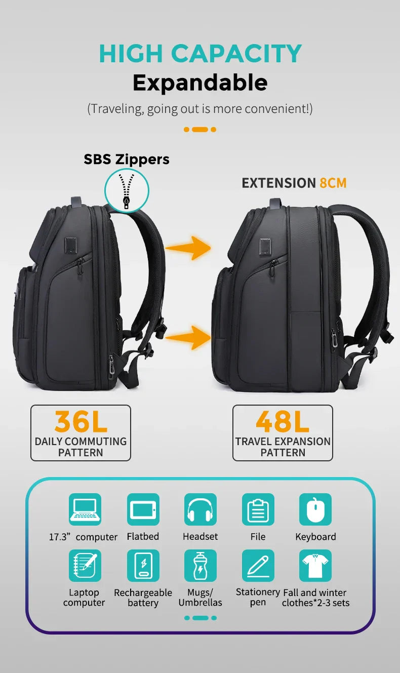 Men 36L Business Backpack USB Waterproof  Multi Pocket Backpacks Fit 17.3 Inch Laptop
