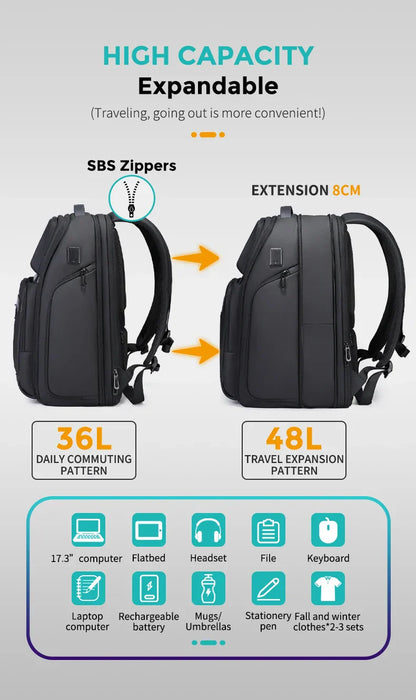 Men 36L Business Backpack USB Waterproof  Multi Pocket Backpacks Fit 17.3 Inch Laptop