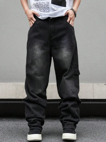 High street American Vibe pleated design micro flared jeans men's loose straight leg hanging wide leg pants men