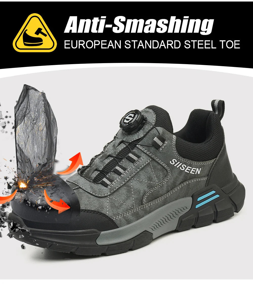 Men's Steel-Toed Safety Shoes With Anti-Crush, Anti-Puncture And Anti-Slip Soles, Fashionable Button Industrial Work Shoes