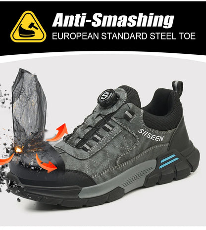 Men's Steel-Toed Safety Shoes With Anti-Crush, Anti-Puncture And Anti-Slip Soles, Fashionable Button Industrial Work Shoes