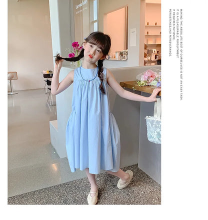Summer Junior Girl Sleeveless Dress Solid Side Big Pockets Blue Ruched Dress For 2-10Y Girls Casual Round Collar Baby Girl Dress