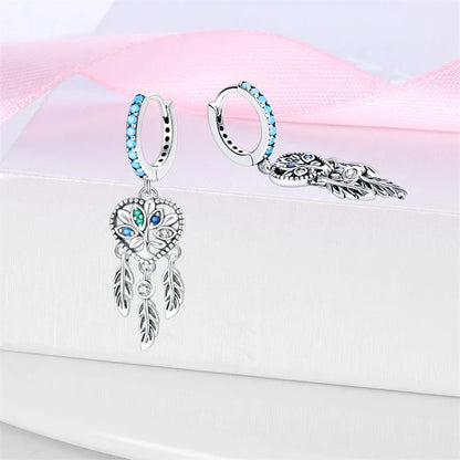 New in 925 Silver Romantic Feather Moon Stars Dream Catcher Earrings For Women Trending Fashion Jewelry Creative Birthday Gifts