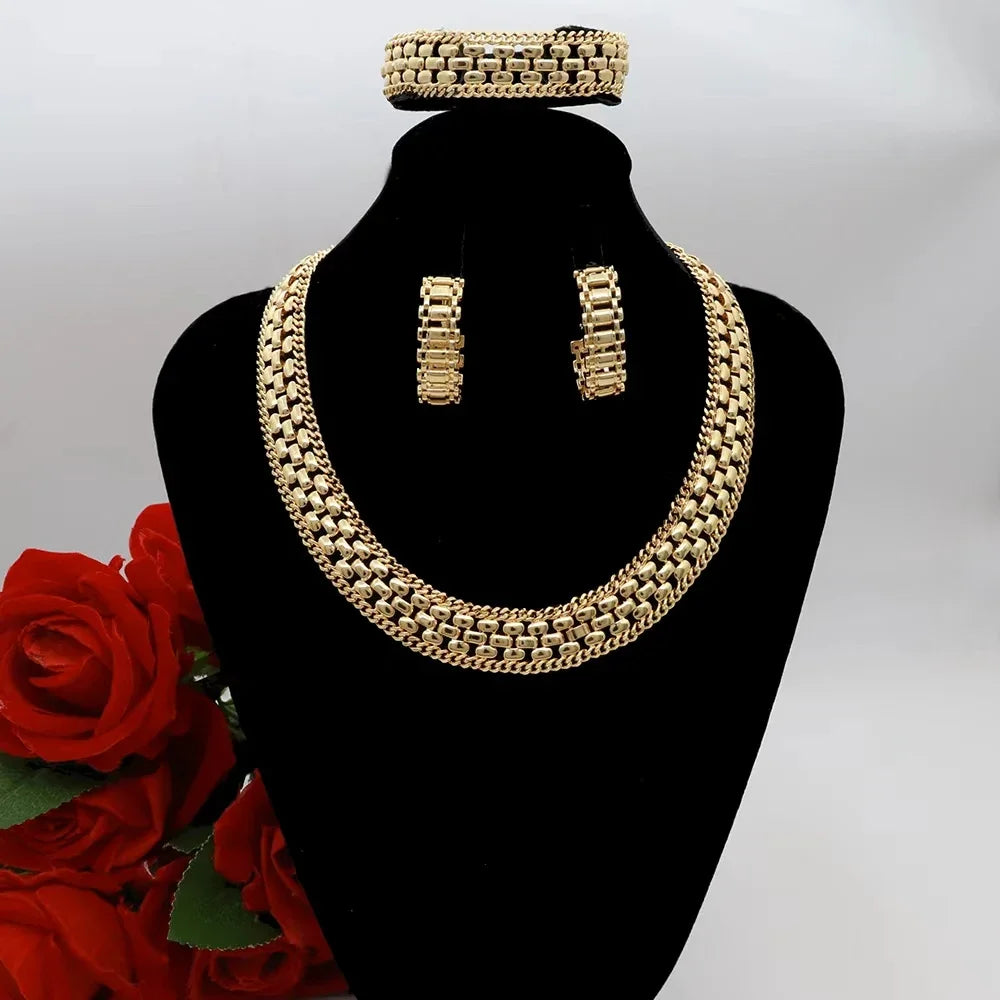 Dubai Luxury Handmade Women Jewelry Set 18k Gold-Plated Chain Necklace Bracelet Stud Earring Full Set Party Wedding Bijoux