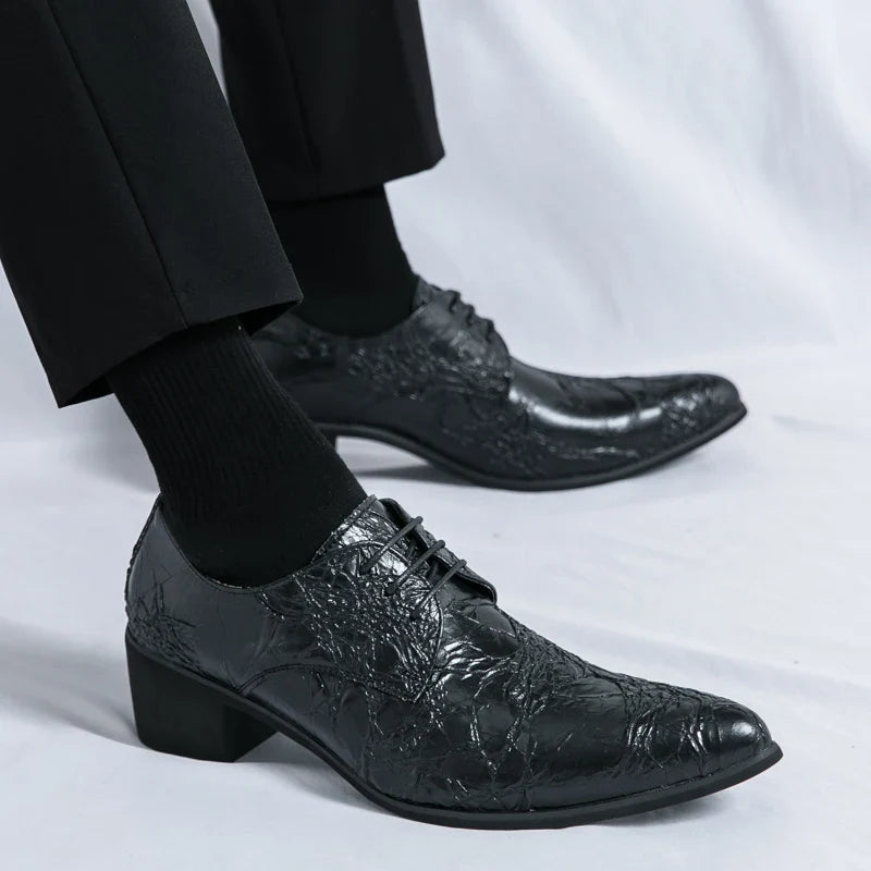 Men High Heeled Lace Up Derby Shoes PU Embossed Fashionable  Comfortable Business Formal Banquet Men Shoes