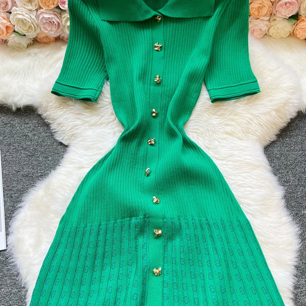 Fashion Vintage Turn-down Collar Knit Maxi Dress Elegant Single-breasted A-line Long Shirt Dress Lady Vestidos