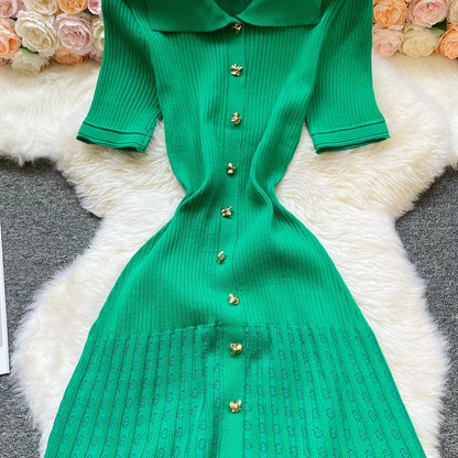 Fashion Vintage Turn-down Collar Knit Maxi Dress Elegant Single-breasted A-line Long Shirt Dress Lady Vestidos