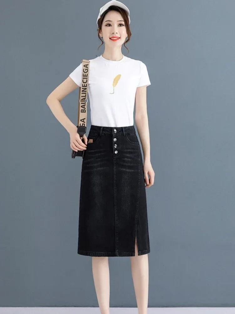 Chubby High Waist Female Jeans Skirts Blue Women's Denim Skirt with Pocket Midi To Knees Length 2025 Trend New in Y2k Vintage V