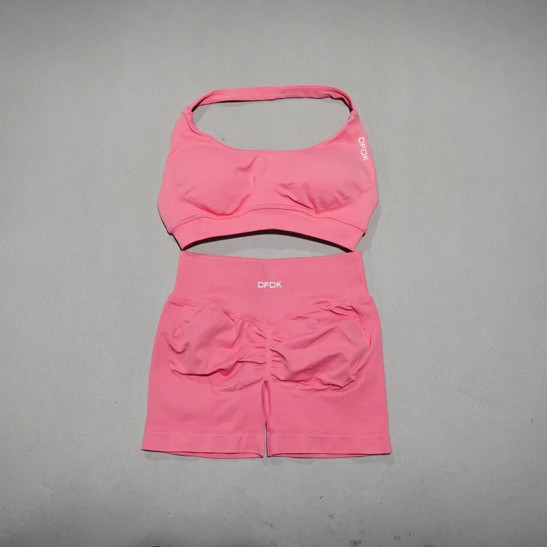 Women's Fashion 2 Piece Sports Set Lace Up Sports Bra Seamless Shorts Leggings Yoga Gym Fitness Running Tracksuit