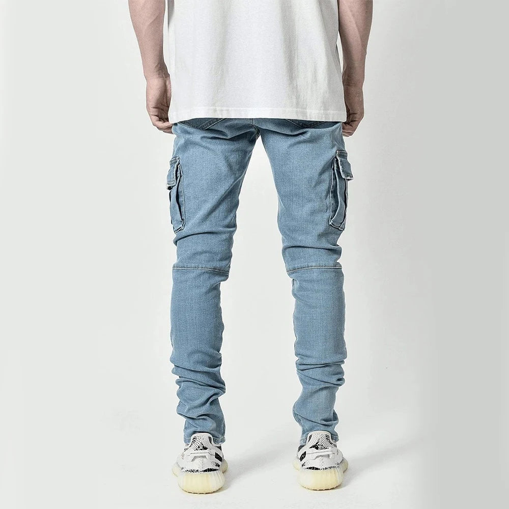 Calça Jeans Masculina Skinny Rasgada Estilo Streetwear Com Bolsos Laterais Calça Cargo Jeans Slim Fit Calça Macia Elástica Jogger