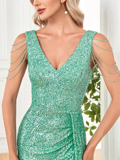 Elegant V-Neck Green Sequin Evening Dresses Long 2026 Luxury Women Formal Dress Wedding Party Prom Beading Gown