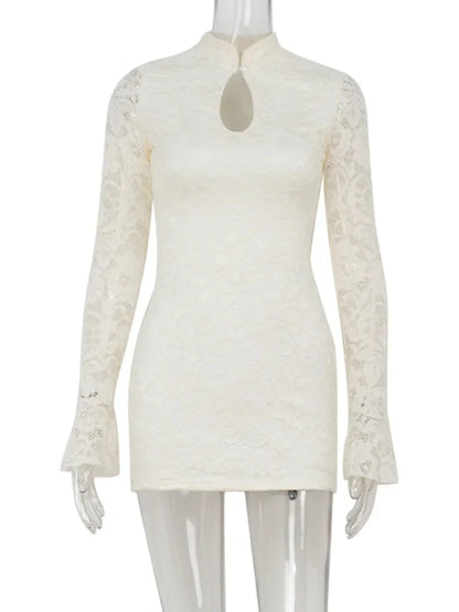 Sexy Lace Women's Mini Dresses Solid Sheer Hollow Out Turtleneck Long Flare Sleeves Sheath Bodycon Streetwear Vestidos