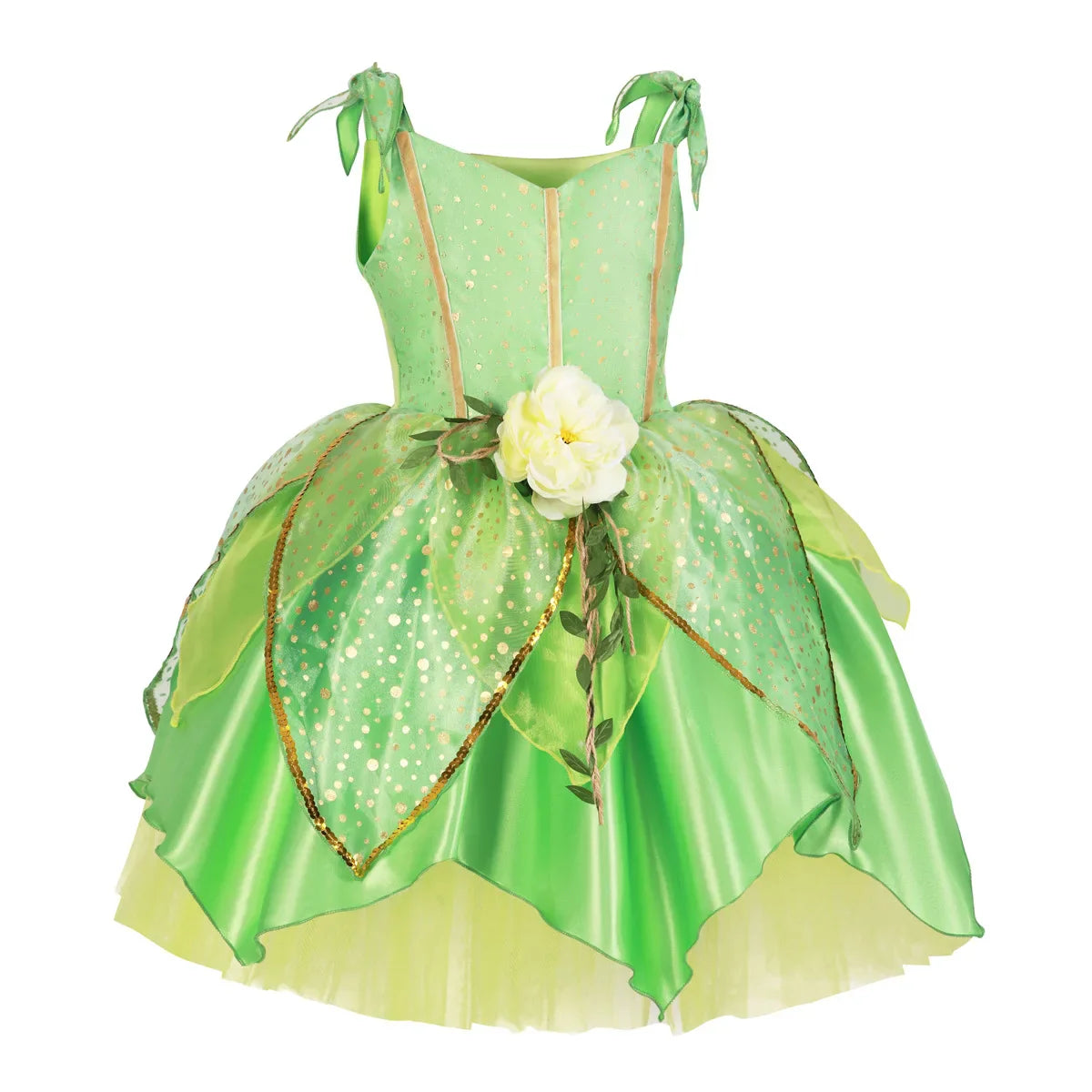 Fairy Tale Princess Costume for Girl Dressy Floral Ball Gown Princess and Frog Cosplay Tiana Halloween Apparel Green Dress 2-10Y