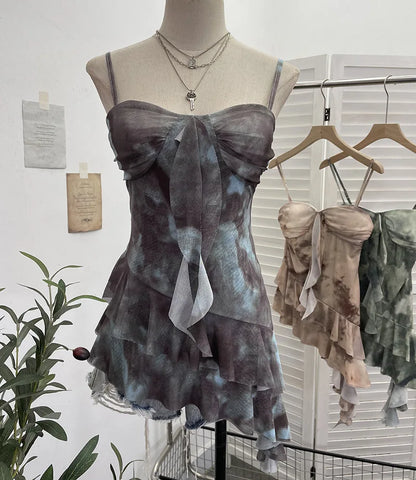 2025 Mesh Camisole for Women Stretch Casual Tie Dyeing Braless Sleeveless Adjustable Straps Asymmetrical Ruffle Tops